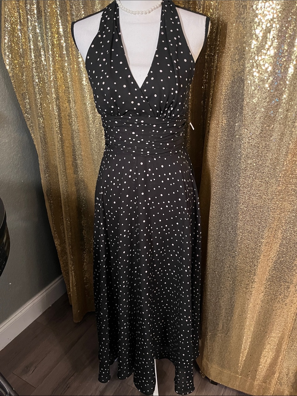 Black Polka Dot Halter Midi Dress